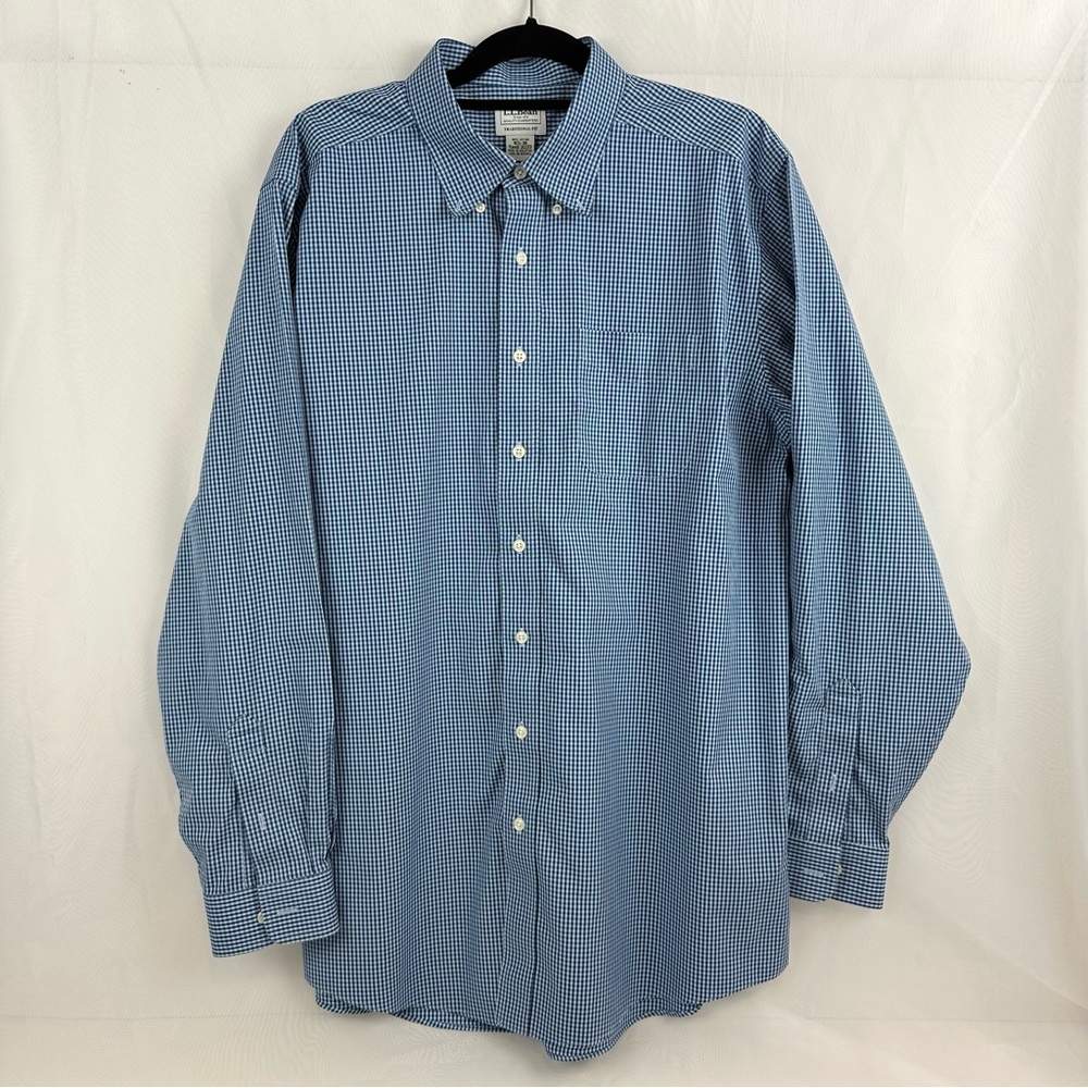 L.L.Bean Button Down Pinpoint Oxford Tattersall Blue Shirt Size 16.5-36